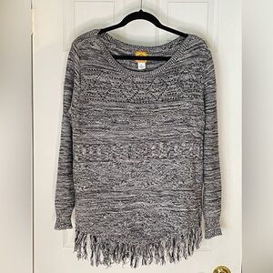 Ruby Rd EUC Black and White Sweater with Fringe Bottom